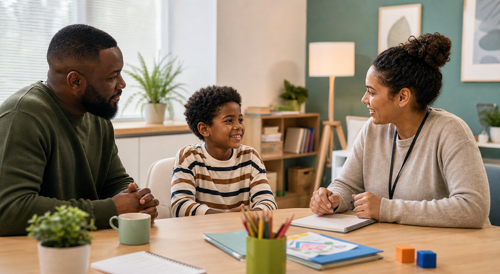 Child ADHD assessment conversation with a young person and clinician in a calm setting