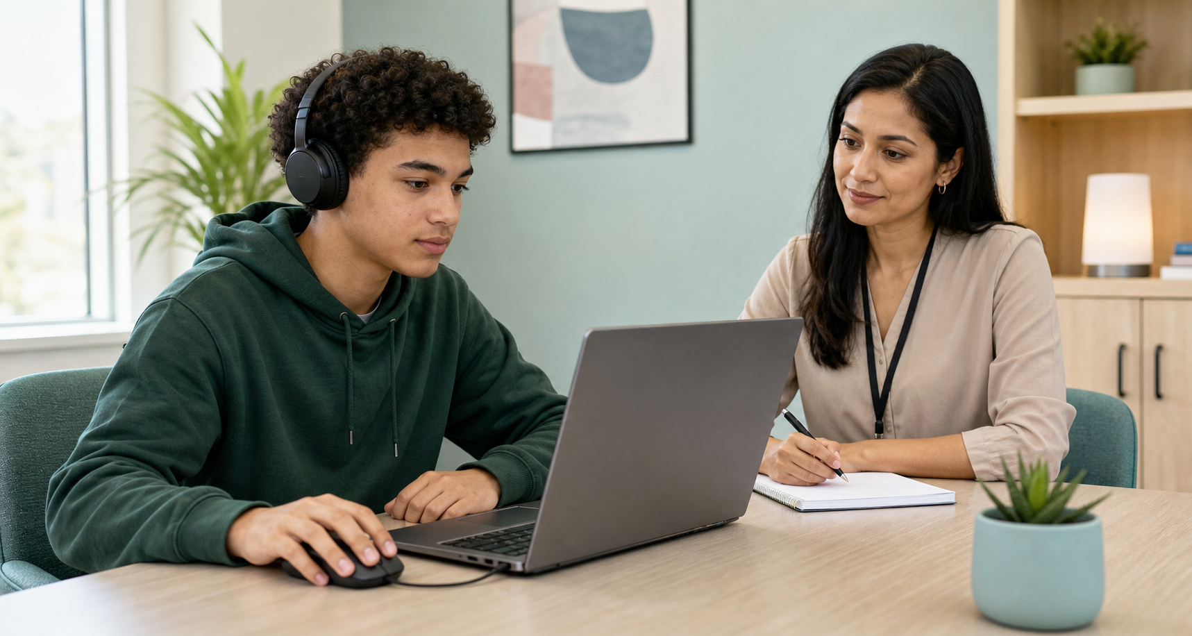 QB Check attention testing setup with a clinician and computer-based task