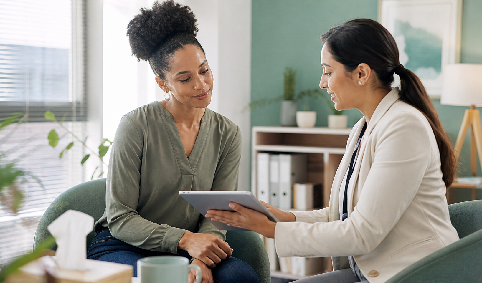 Screening service discussion showing a calm first-step assessment conversation
