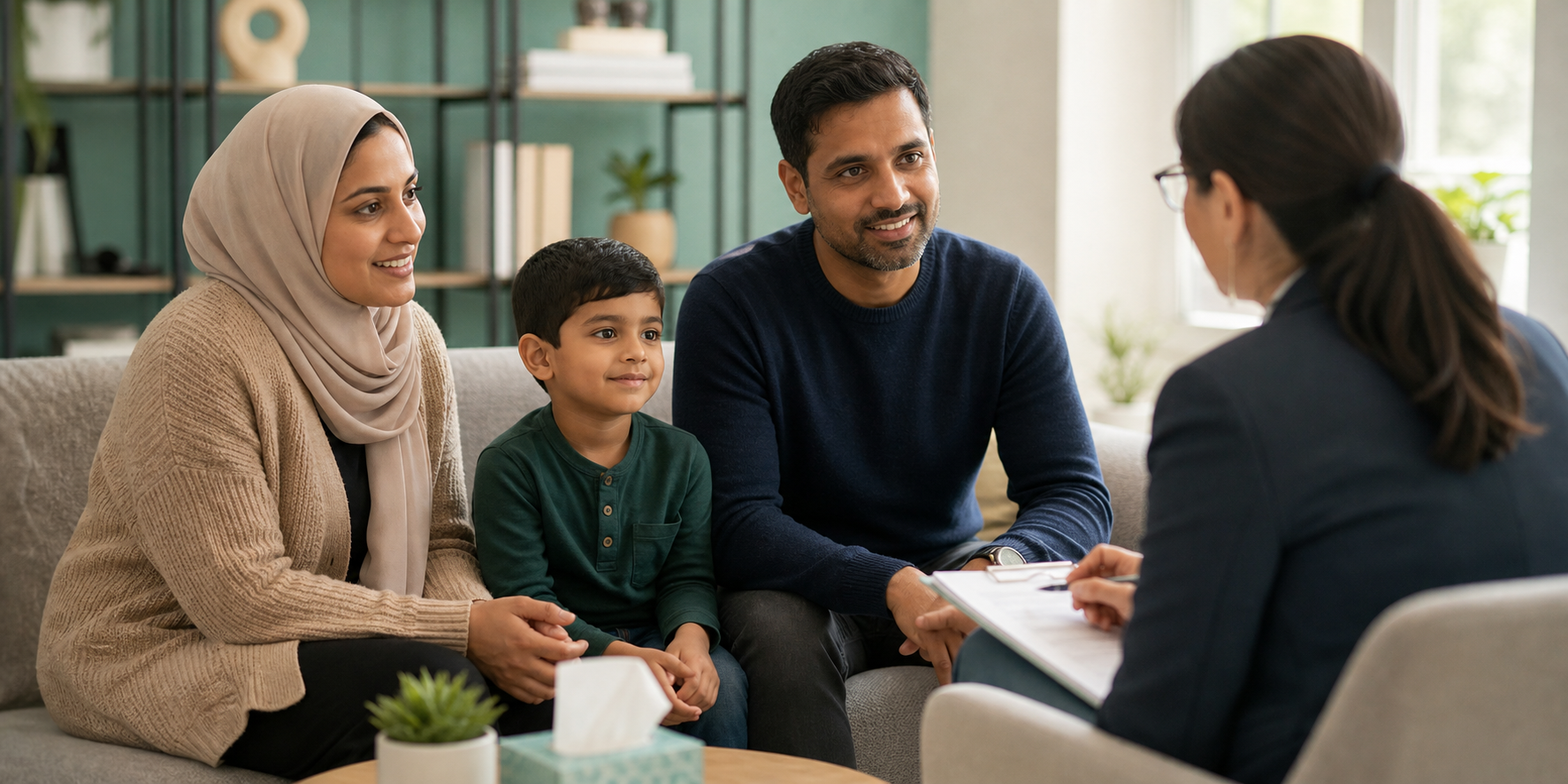 Child autism assessment discussion with a parent and clinician in a calm setting