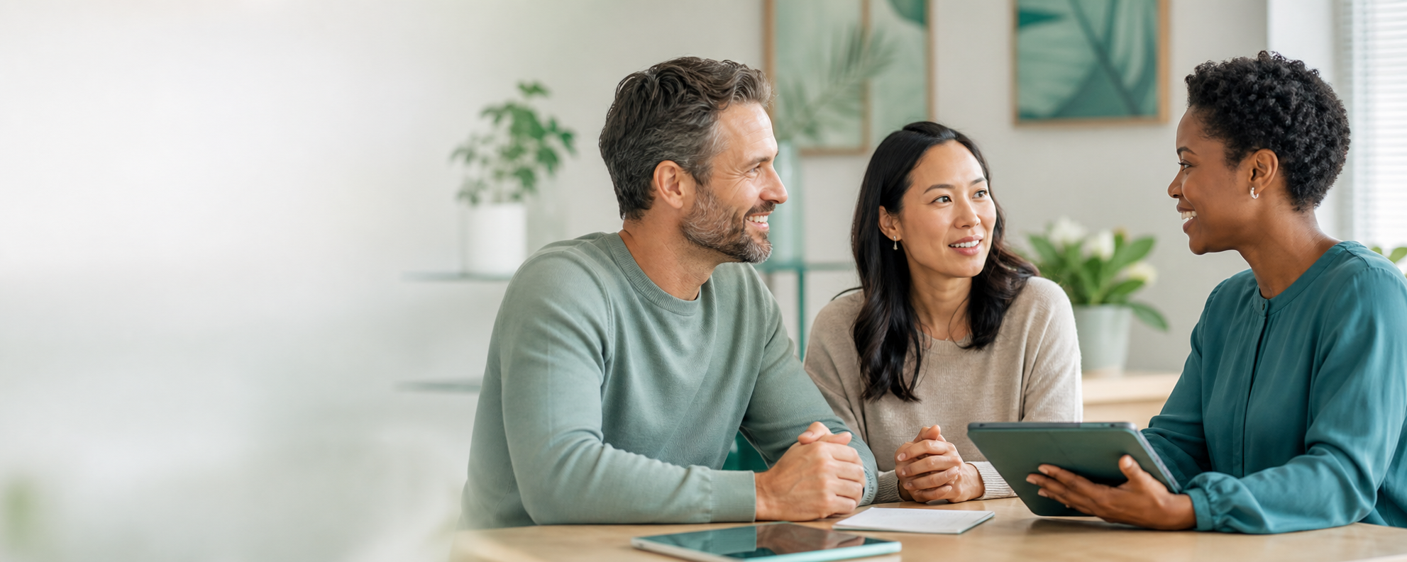Happy and diverse adults meeting with a professional in a calm, welcoming consultation setting